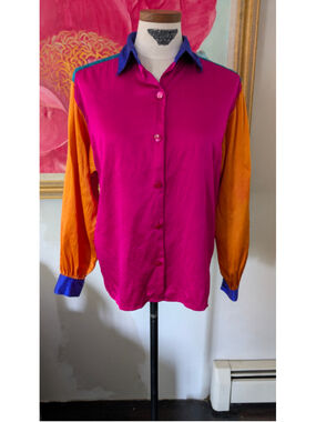 Vintage 80s Colorblock Button Down Shirt, Size M, Pink and Orange